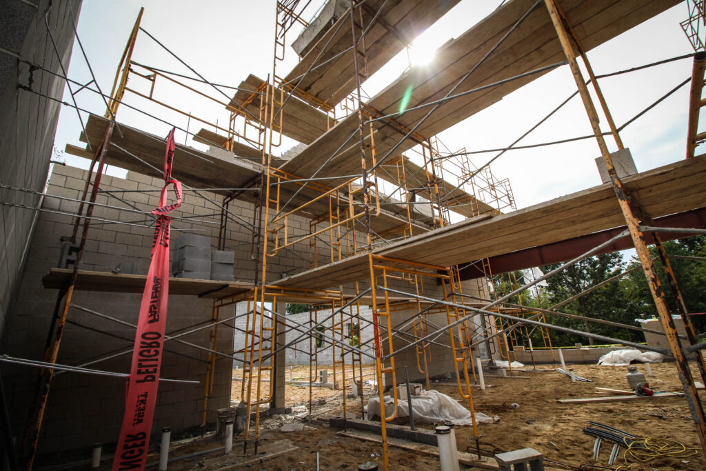 Construction site with lots of scaffolding